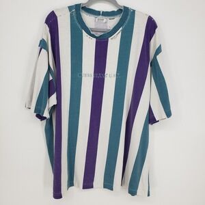 Vintage 90s Guess Thrashed Striped T Shirt Mens XXL Purple Teal Distressed USA